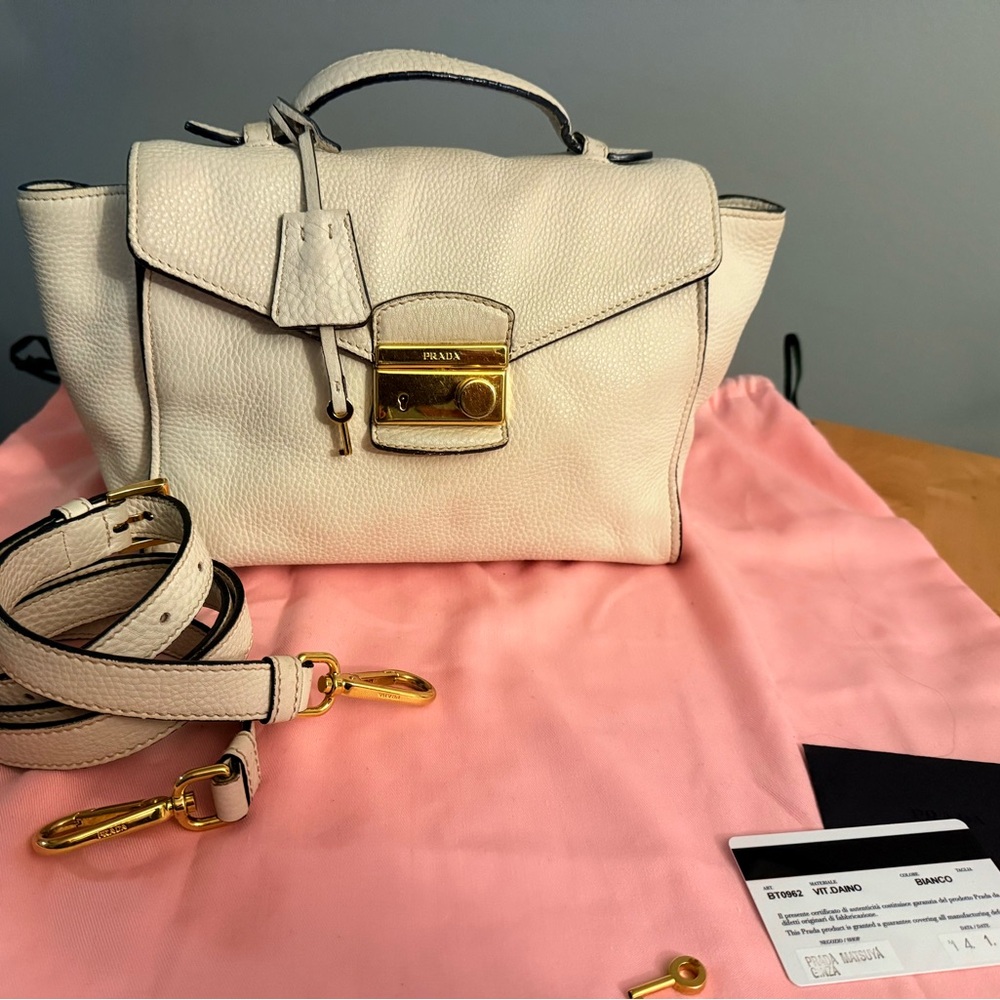 Prada VIT DAINO leather 2 way luxury bag with card of authenticity white